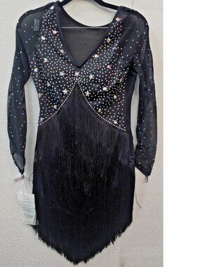 Latin Performance Dancing Dress Fringe Dancewear Women's V Neck Black SZ: Large